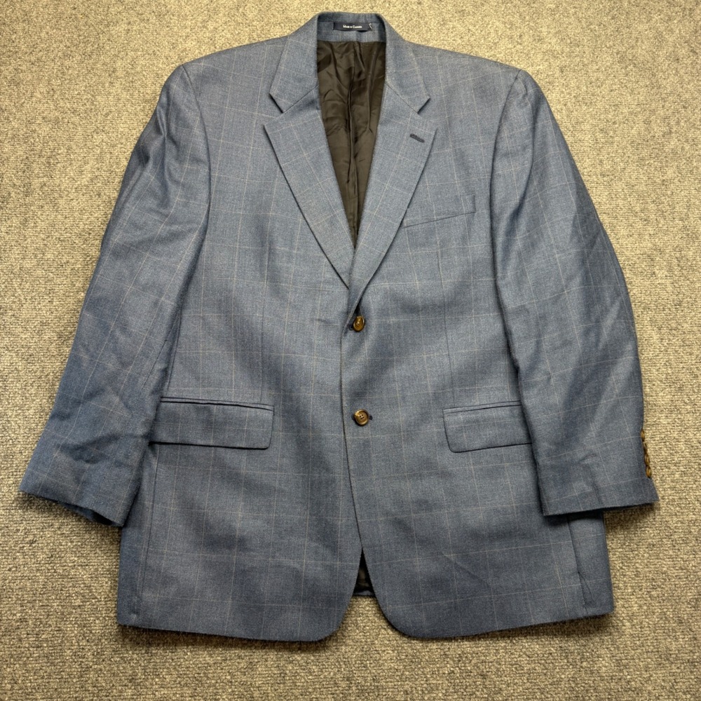 Ralph Lauren Silk Wool Blazer Mens 44R Blue Herringbone Windowpane Sport Coat